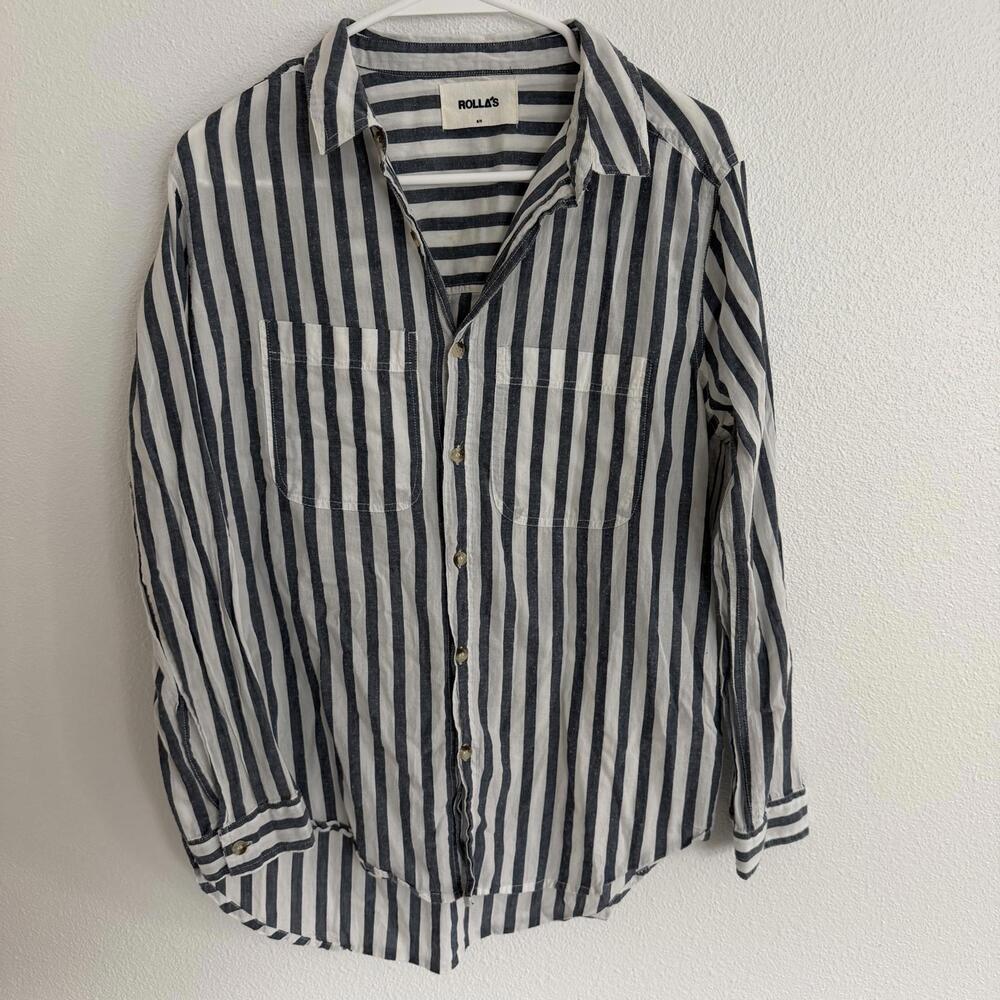 Rolla’s Striped 100% Cotton Button Down Shirt Blue White Size S Classic Chic